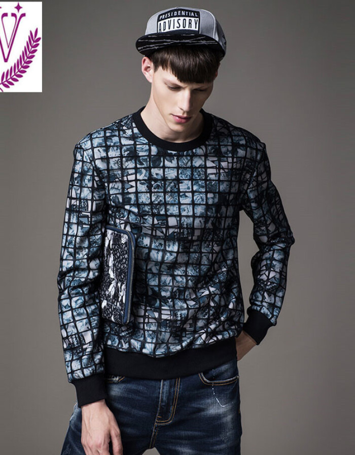 2016 EASCO新款專柜格子網(wǎng)紗雙層面料印花潮男套頭衛(wèi)衣 時尚與舒適的完美融合